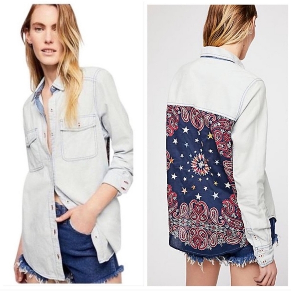 Free People Tops - Free People Bandana Bandit Printed & Embroidered Button Down Size S